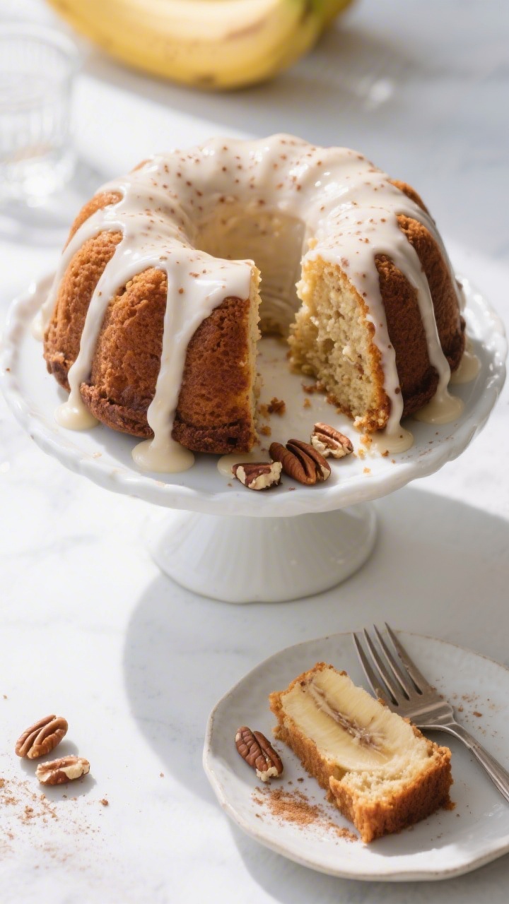 Tasty top view, final presentation: Overhead shot of the fully frosted Banana Bundt cake on a white