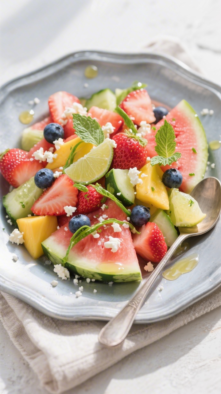 Tasty top view final presentation: Overhead shot of the finished Fresh Watermelon Fruit Salad plated