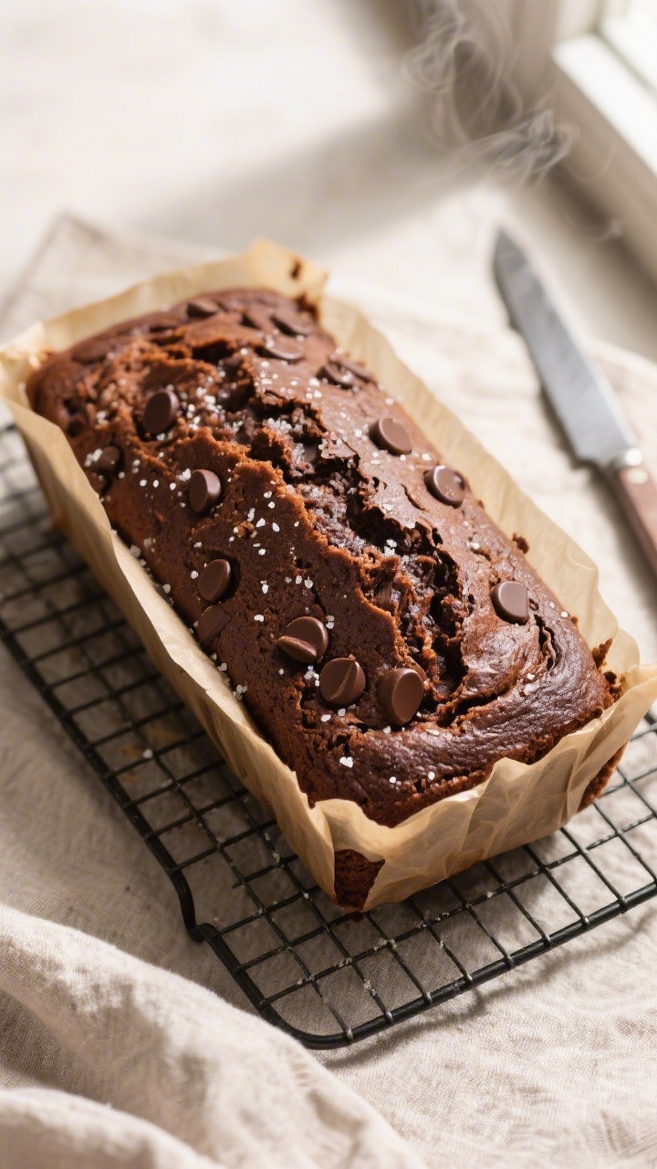 Tasty top view — just baked loaf: Overhead shot of a freshly baked double chocolate banana bread s