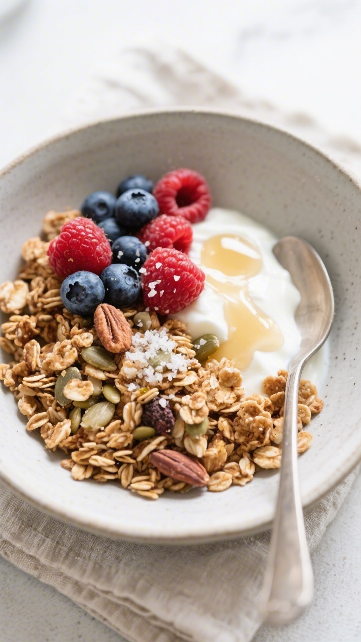 Tasty top view: Overhead bowl of final protein granola served with thick Greek yogurt, fresh mixed b