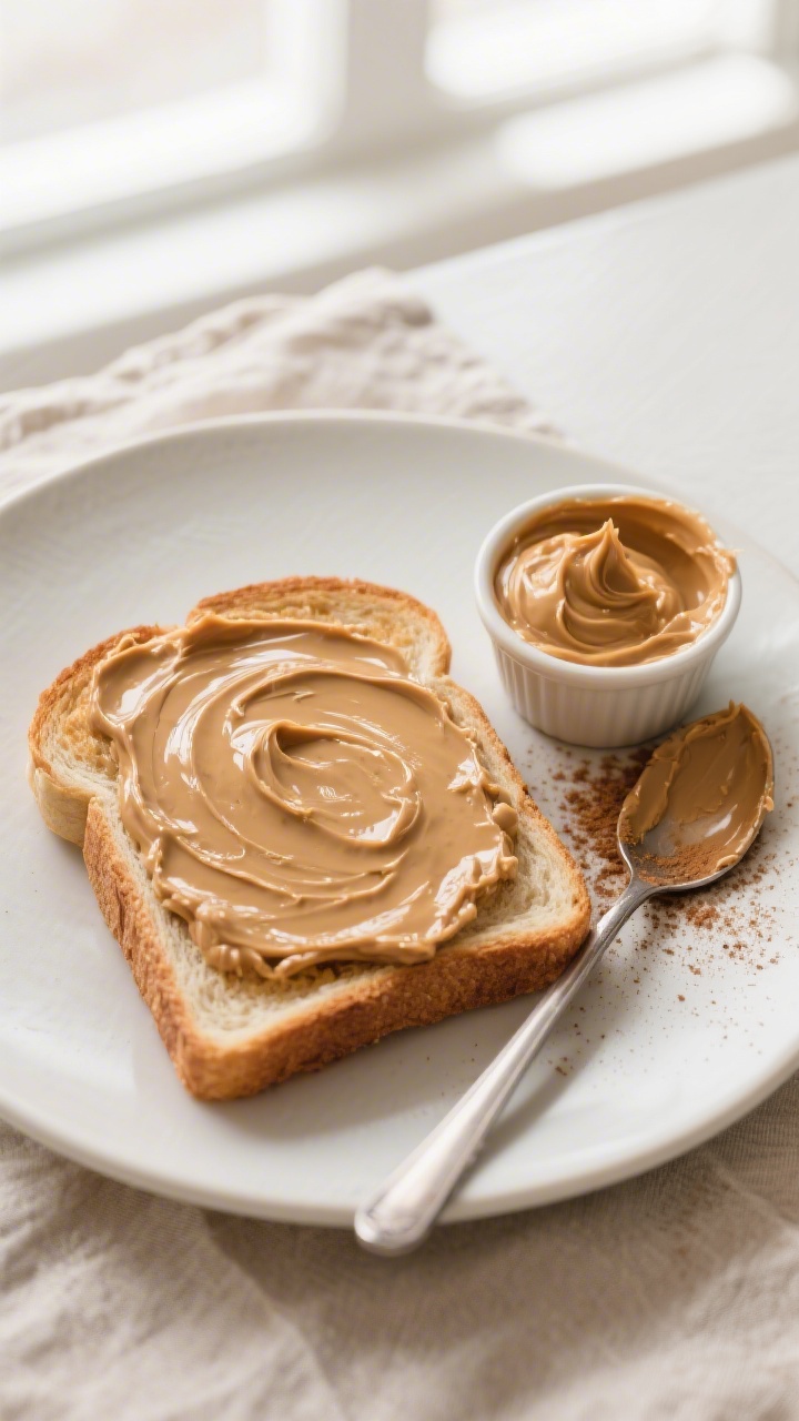 Tasty top view: Overhead breakfast scene with a slice of toast generously spread with ultra-smooth c