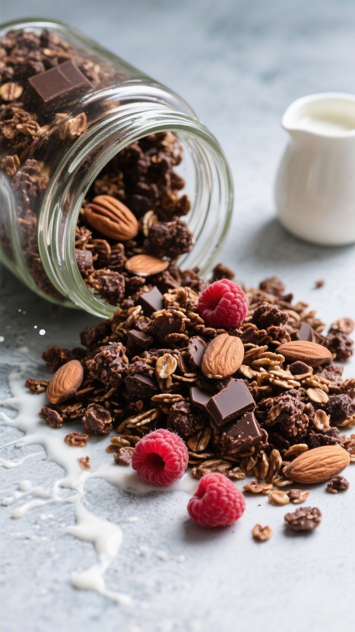 Tasty top view: Overhead hero shot of a wide jar spilling dark chocolate granola onto a cool-toned s