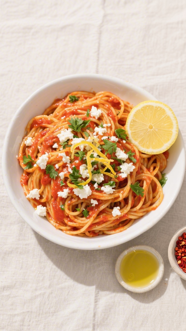 Tasty top-view, overhead — Overhead shot of finished One Pot Greek Spaghetti served family-style i