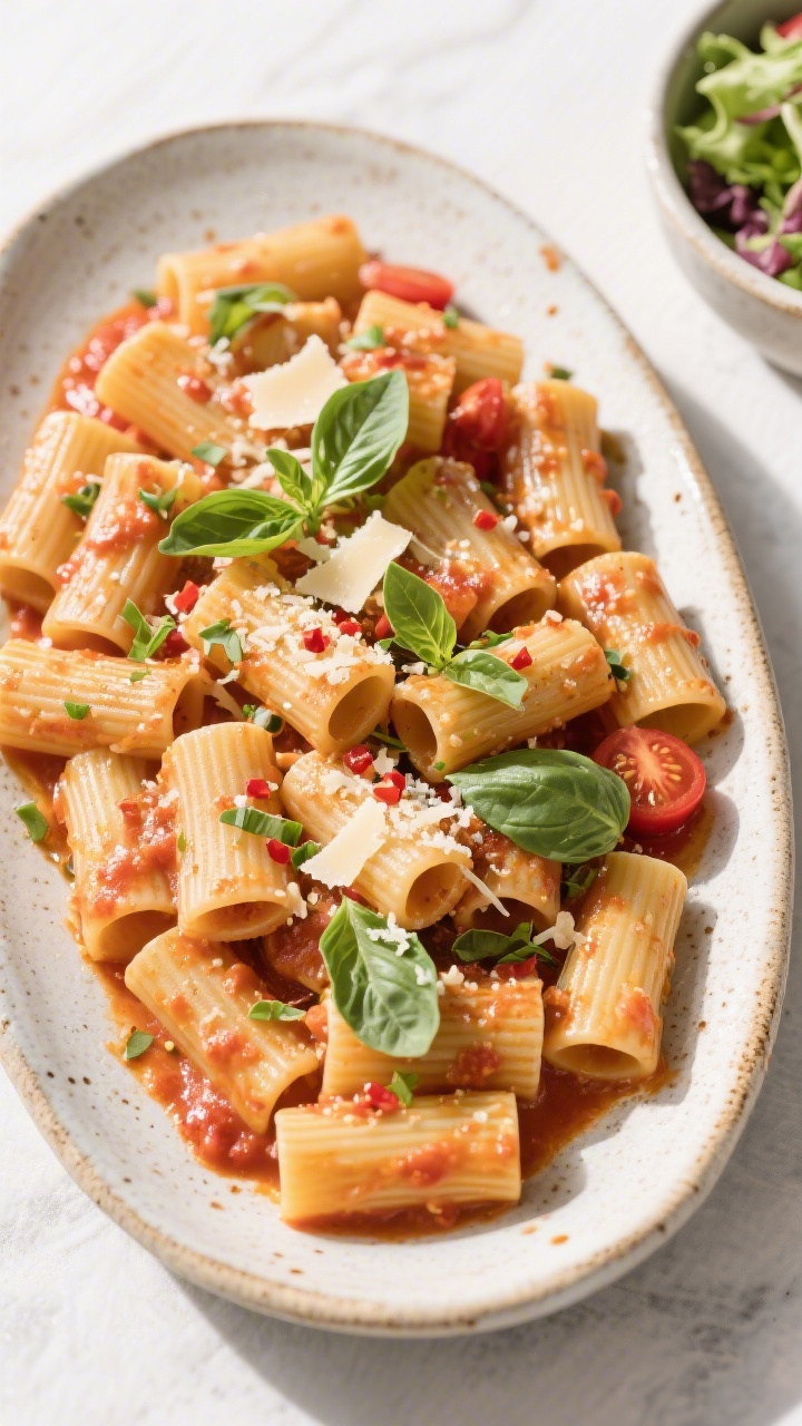 Tasty top view: Overhead platter of the finished pasta (rigatoni) arranged family-style, sauce poole