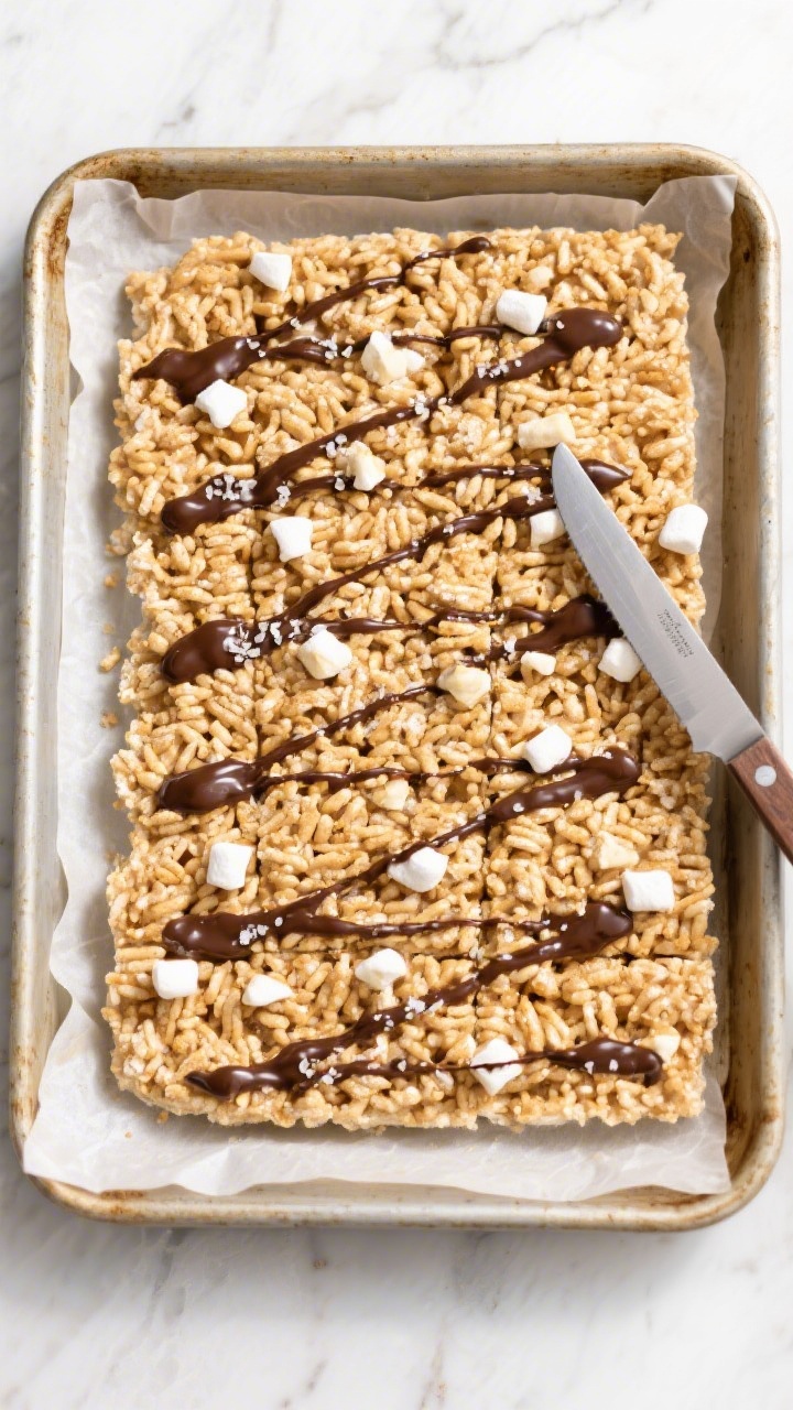 Tasty top view: Overhead shot of a 9x13 pan of peanut butter Rice Krispie treats just pressed in—e