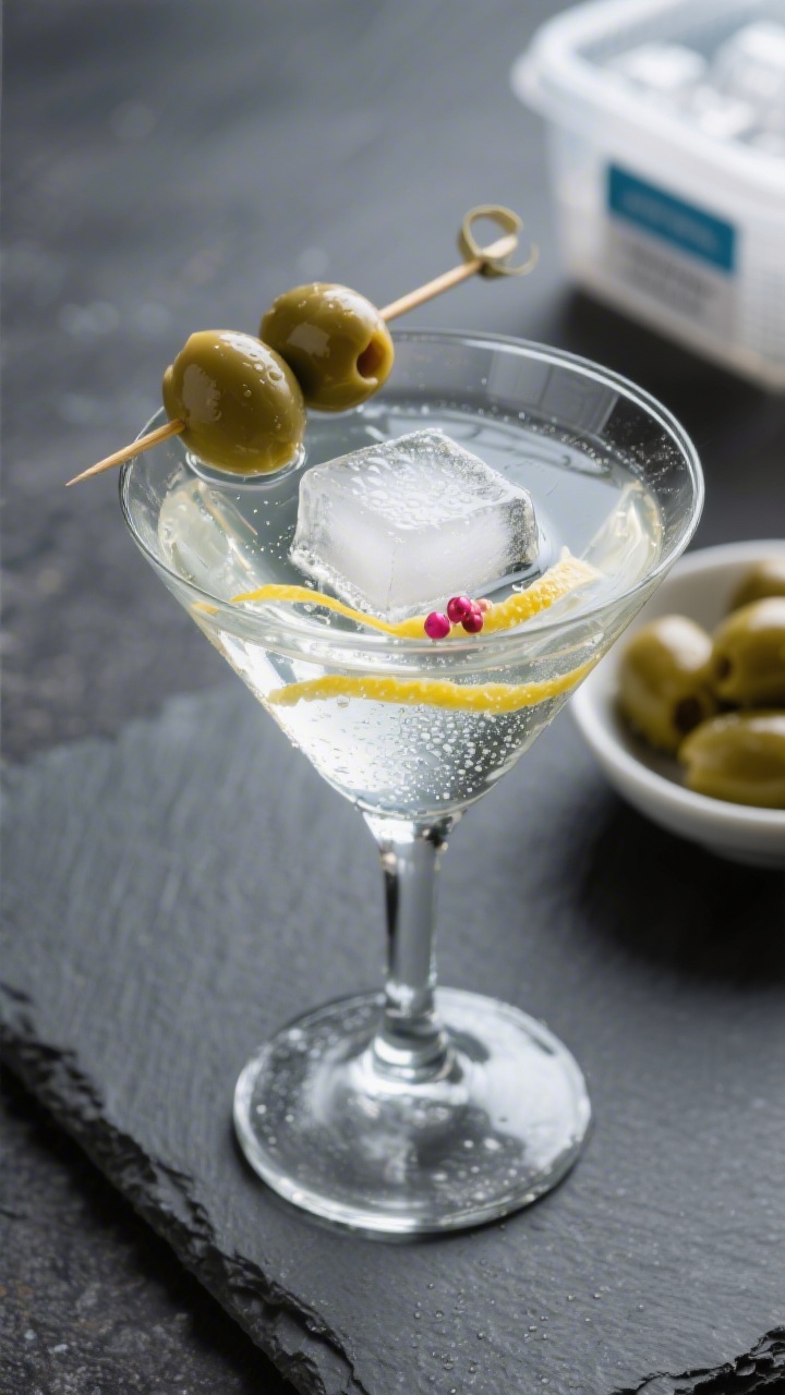 Tasty top view: Overhead shot of a classic coupe glass holding a crystal-clear gin martini with one
