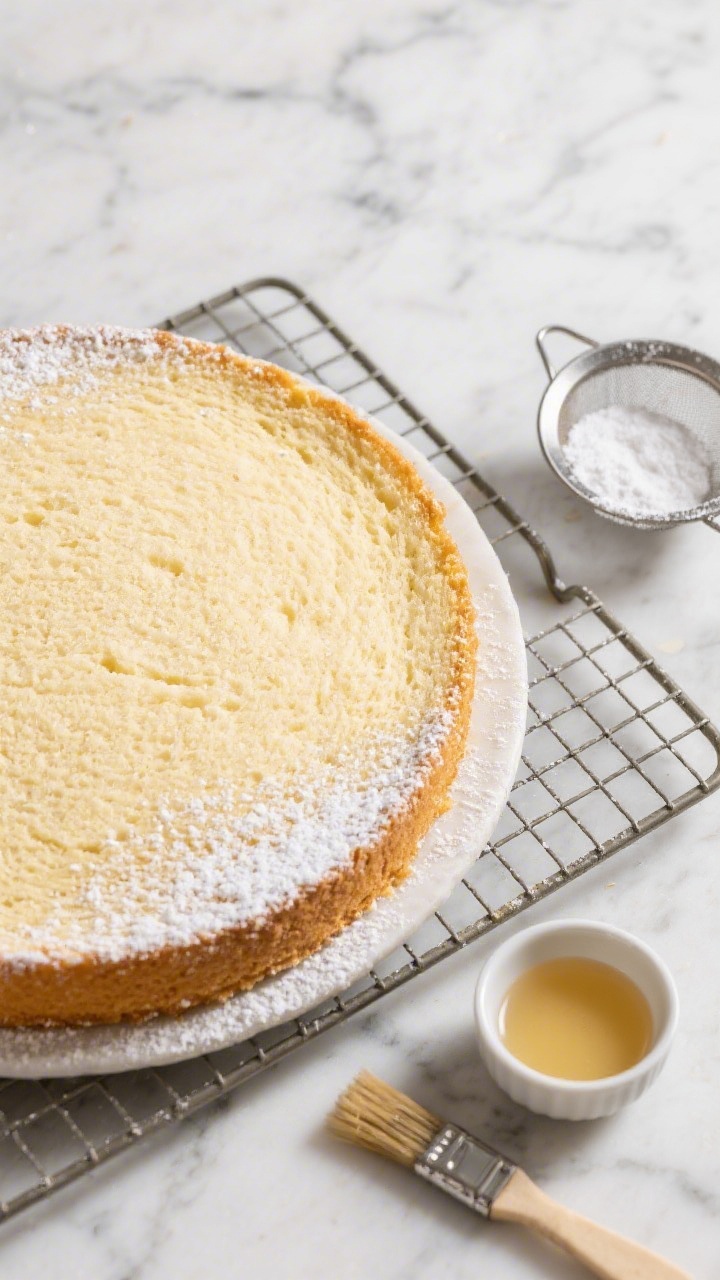 Tasty top view: Overhead shot of a fully cooled, unfrosted vanilla sponge dusted lightly with powder