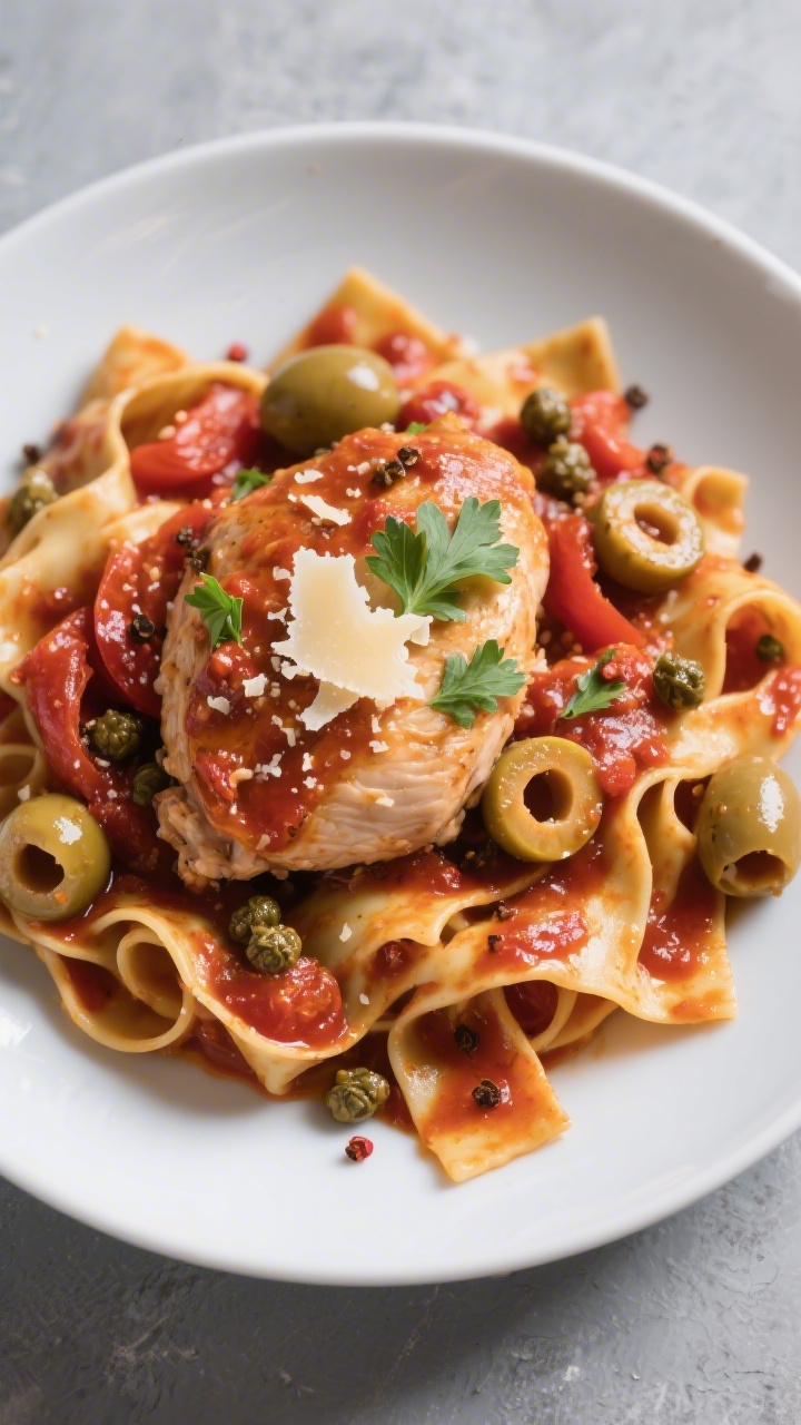 Tasty top view: Overhead shot of chicken cacciatore served on al dente pappardelle, ribbons coated i