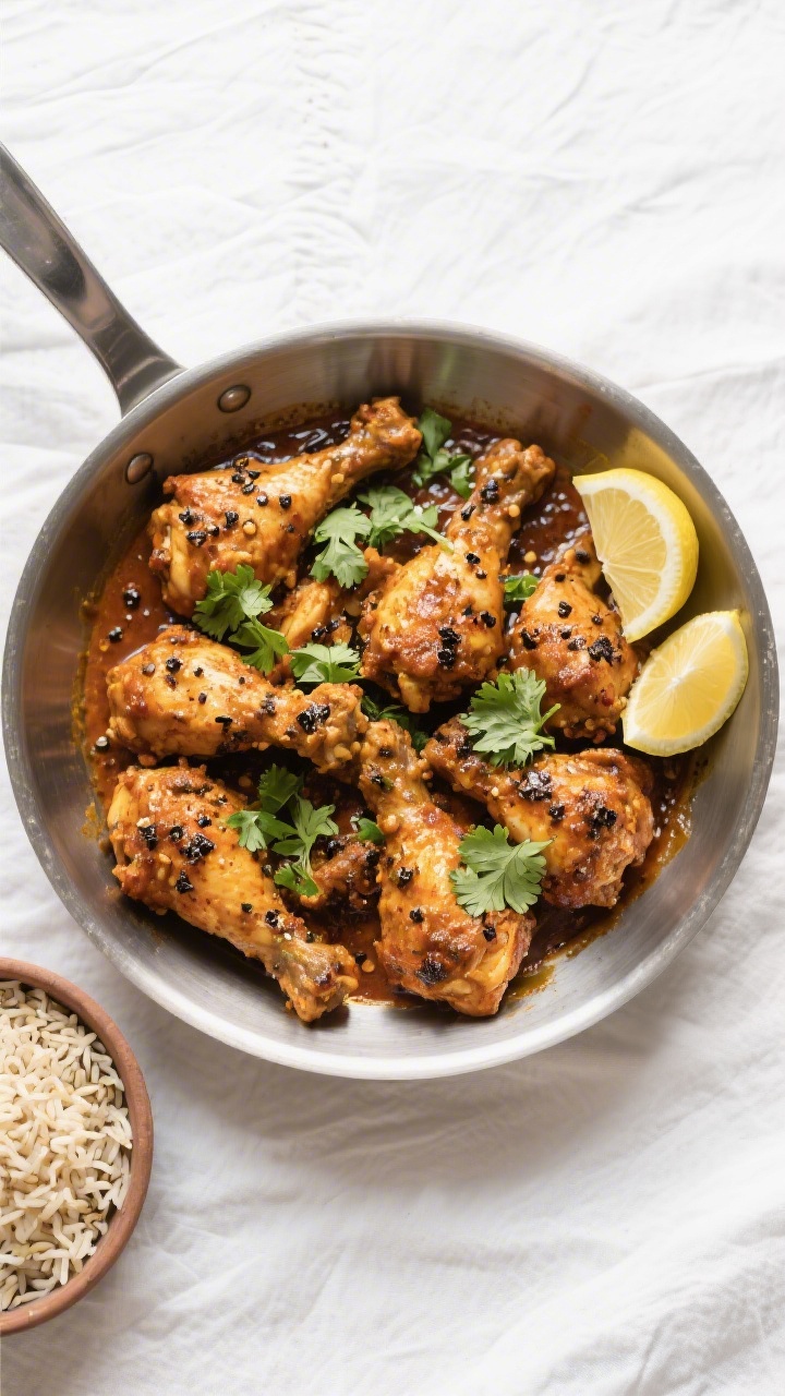 Tasty top view: Overhead shot of pepper chicken served family-style in a wide, shallow stainless pan