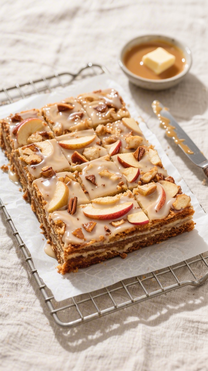 Tasty top view: Overhead shot of the Apple Fritter Cake sliced into clean squares on a parchment-lin