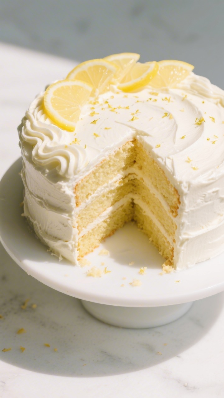 Tasty top view: Overhead shot of the assembled Lemon Layer Cake fully finished—silky cream cheese