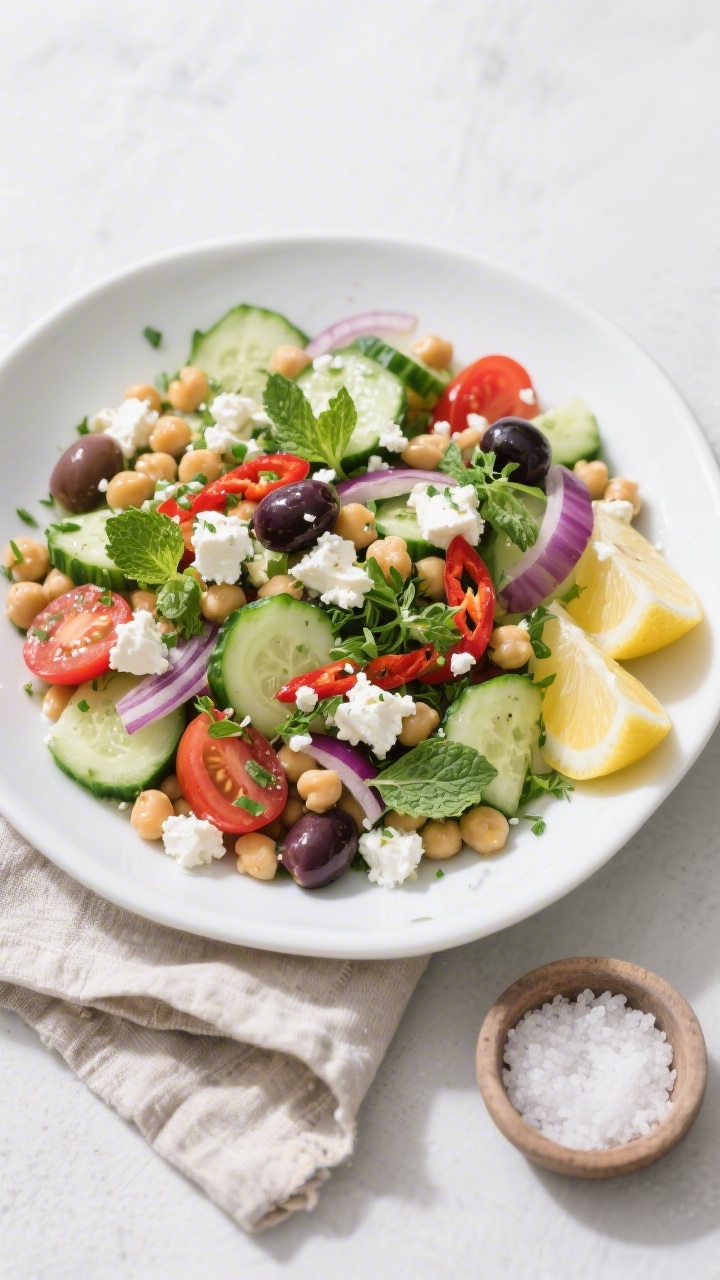Tasty top view: Overhead shot of the finished Chickpea Cucumber Feta Salad in a wide, low white serv
