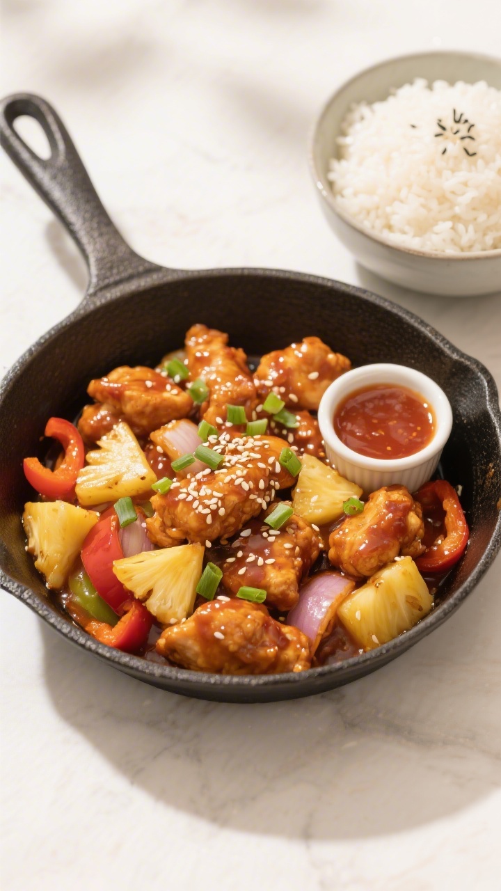 Tasty top view: Overhead shot of the finished sweet and sour chicken in a skillet, evenly coated bit