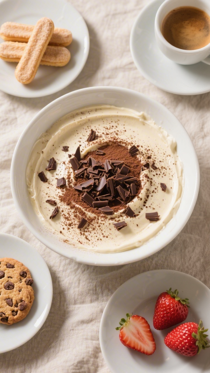 Tasty top view: Overhead shot of the finished tiramisu dip in a low, wide white serving bowl, surfac