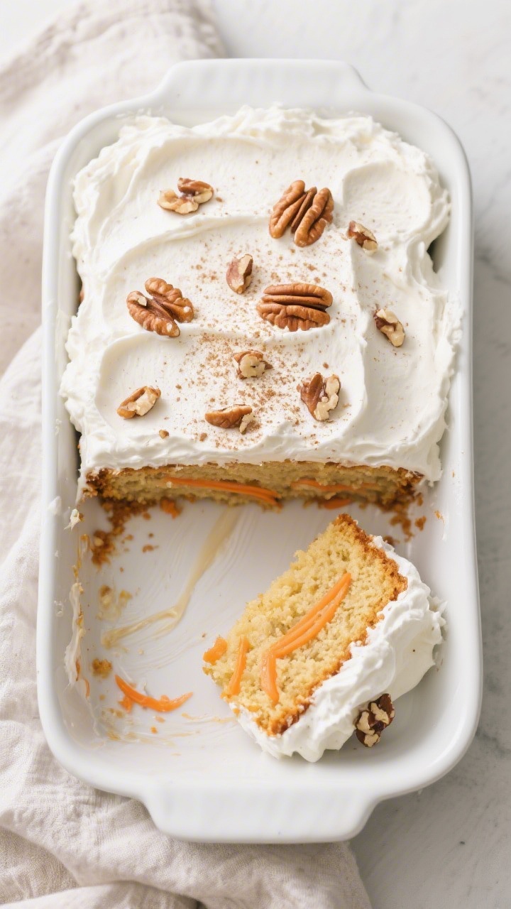Tasty top view: Overhead shot of the fully soaked and chilled Tres Leches Carrot Cake spread with cl