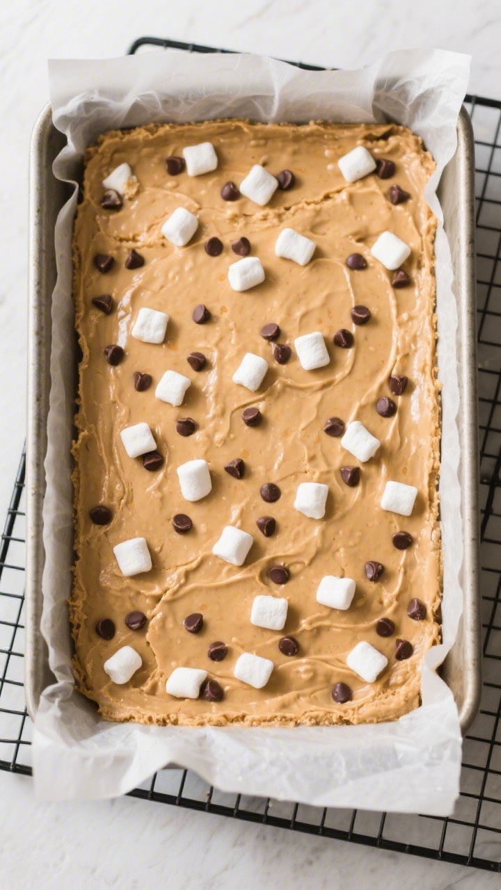 Tasty top view: Overhead shot of the slab pressed into a parchment-lined 9x13 pan, evenly sprinkled